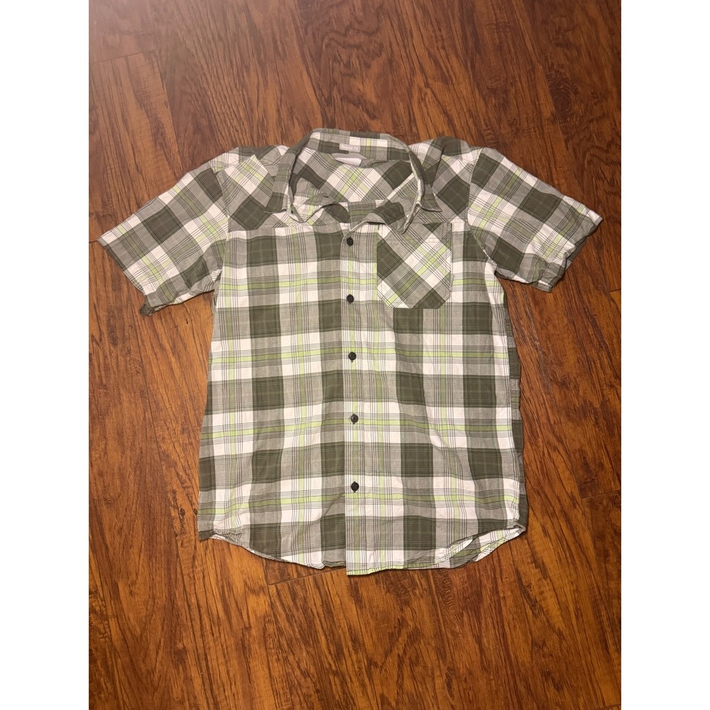 Columbia Mens Plaid Short Sleeve Button Down Shirt Green White Regular Fit S